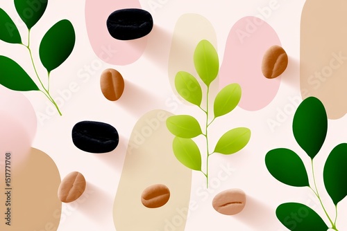 Abstract botanical coffee bean pattern with green leaves on pastel background