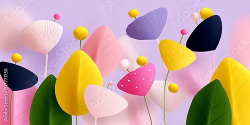 Vibrant abstract floral design with colorful leaves and flowers in soft pastel background