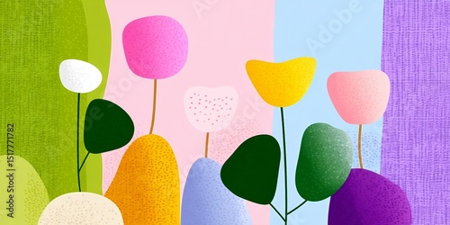 Colorful abstract floral art with geometric shapes and pastel backgrounds