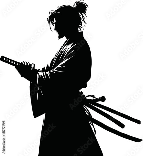 Silhouette of a samurai warrior holding a katana on a reflective surface against a white background