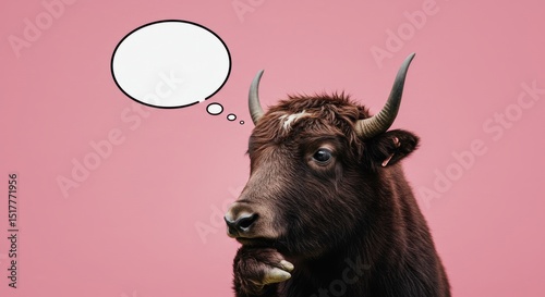 Contemplative yak with a thought bubble on a solid color background
