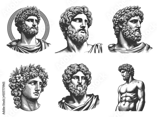 ancient statue Greco-Roman busts and sculptures Set collection bundle sketch engraving generative ai vector illustration. Scratch board imitation. Black and white image.