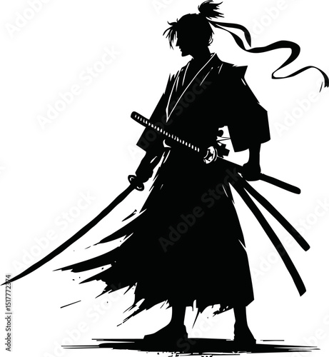 Silhouette of a samurai warrior holding a katana on a reflective surface against a white background