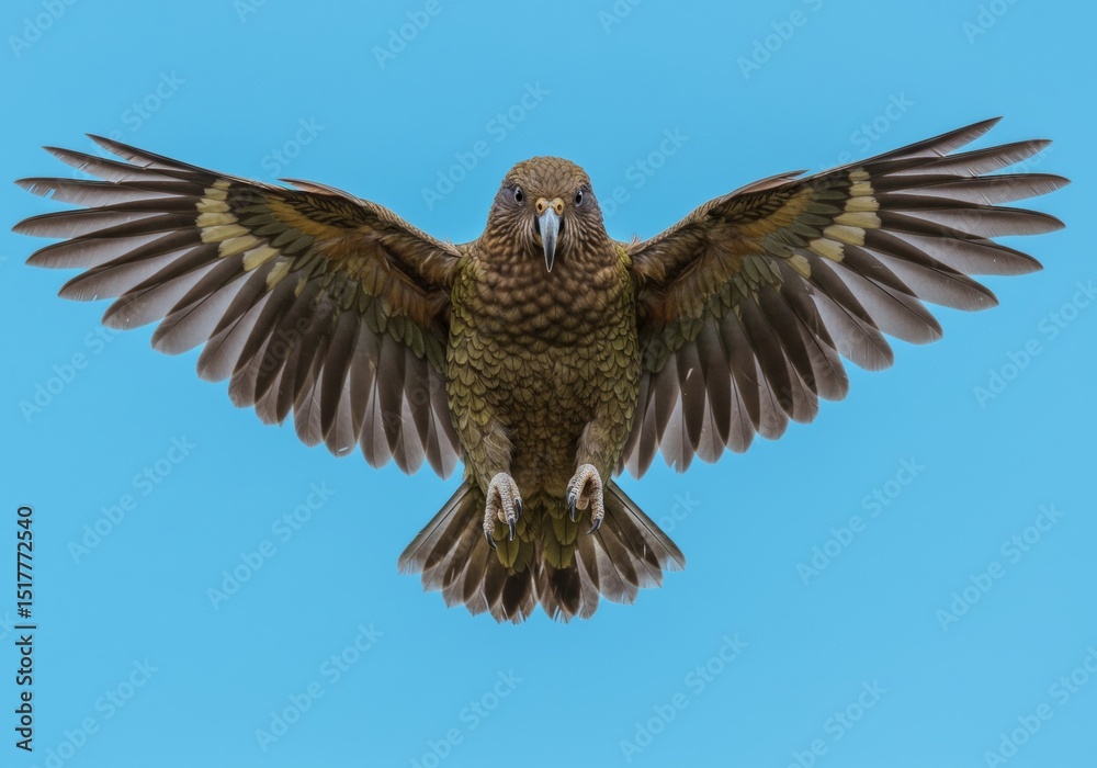 Fototapeta premium Majestic kea soars gracefully against a pristine blue sky, wings extended