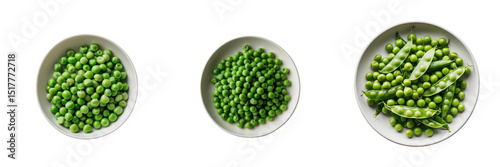 Assorted bowls of fresh green peas and pea pods arranged on a transparent background showcasing various sizes and textures of peas in natural light