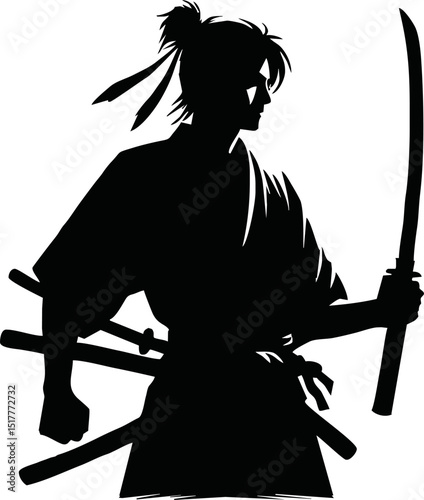 Silhouette of a samurai warrior holding a katana on a reflective surface against a white background