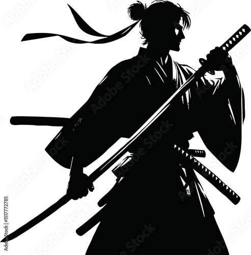 Silhouette of a samurai warrior holding a katana on a reflective surface against a white background