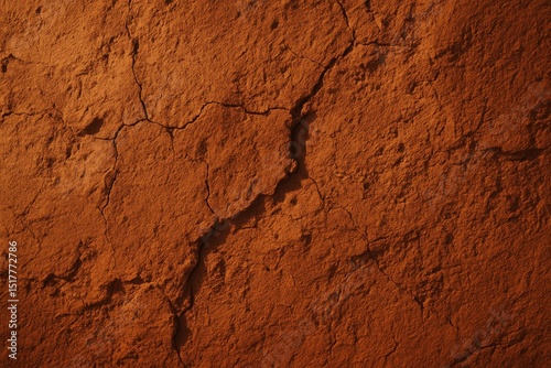 A cracked reddish dry earth texture in close-up, showing natural surface damage, drought patterns, and desertification effects.