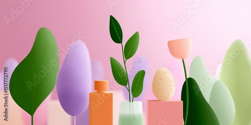 Colorful abstract arrangement of geometric shapes and leaves on pink background