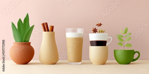 Minimalist arrangement of plants and coffee cups on a soft pink background