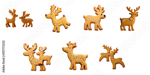 Gingerbread cookies shaped like reindeer elk and moose with various decorations isolated on a transparent background showcasing diverse designs and colors