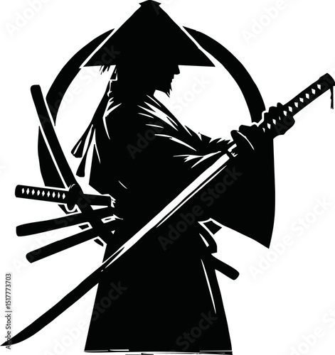 Silhouette of a samurai warrior holding a katana on a reflective surface against a white background