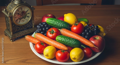 Fruits Vegetables Clock Carrots Fresh Food Time Healthy Diet
