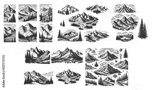 Mountain Landscape Set collection bundle sketch engraving generative ai vector illustration. Scratch board imitation. Black and white image.