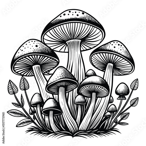 Monochrome Mushroom Cluster with Leaves Hand Drawn Vector Illustration