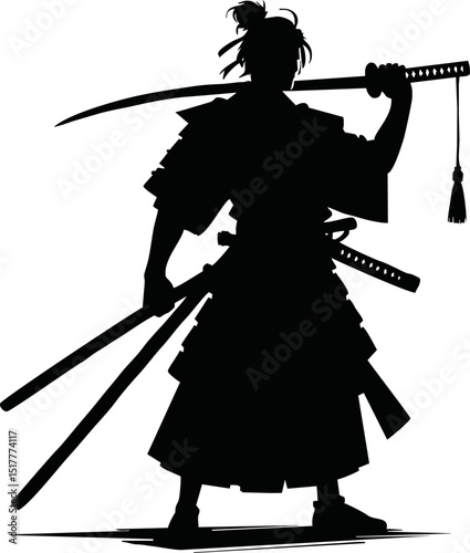 Silhouette of a samurai warrior holding a katana on a reflective surface against a white background