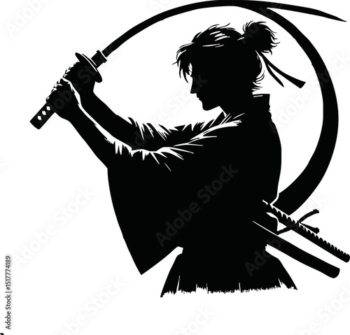 Silhouette of a samurai warrior holding a katana on a reflective surface against a white background