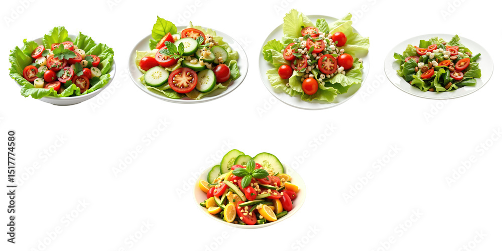 Assorted fresh vegetable salads presented in white bowls, featuring diverse ingredients such as tomatoes, cucumbers, and lettuce, against a transparent background. Assorted fresh vegetable salads presented in white bowls, featuring diverse ingredients such as tomatoes, cucumbers, and lettuce, against a transparent background.