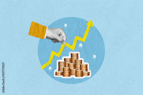 Creative art collage of hand holding upward arrow with increasing piles of coins Indicating sales profit. Invest,Investment,profit, saving money,finance and business strategy