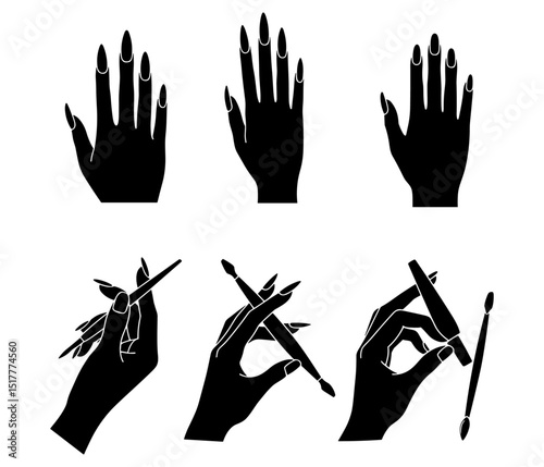 Black silhouettes of hands holding nail art tools and demonstrating hand gestures, nail technician illustration, manicure design graphic
