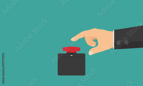 Hand pressing a red button. Hand in a black suit sleeve hovers over a red button. Flat style vector illustration, EPS10