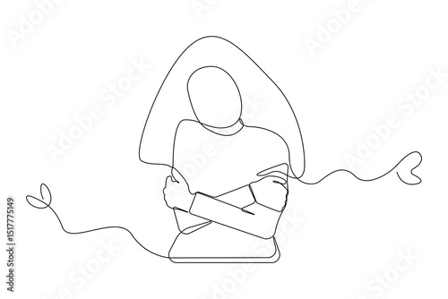 Continuous single-line art drawing of woman hugging herself. Self love concept background