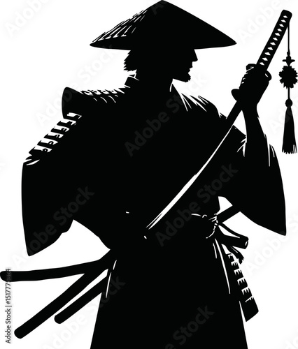Silhouette of a samurai warrior holding a katana on a reflective surface against a white background