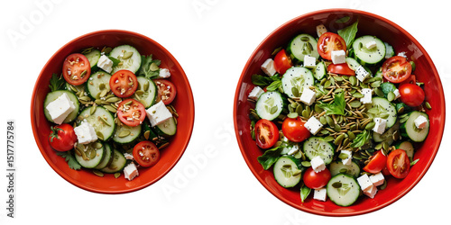 Organic vegetable salad featuring tomatoes, cucumbers, mixed greens, seeds, and feta cheese served in two red bowls against a transparent background with ample copy space.