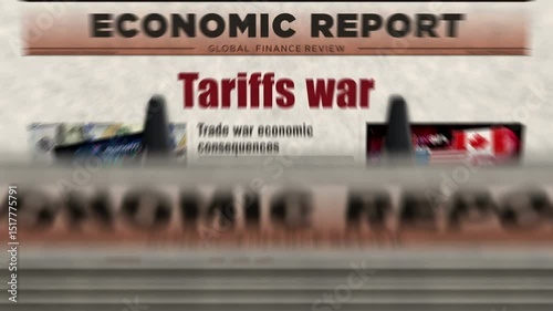 Tariffs war trade crisis daily news newspaper printing. Abstract concept retro headlines 3d seamless looped.