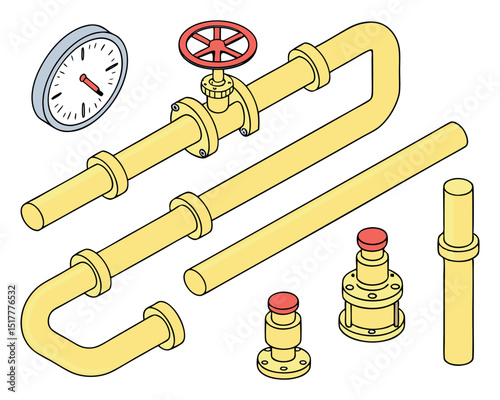 Isometric illustration set of yellow industrial gas pipe fittings, valves, and connectors isolated on white for plumbing or factory engineering design.