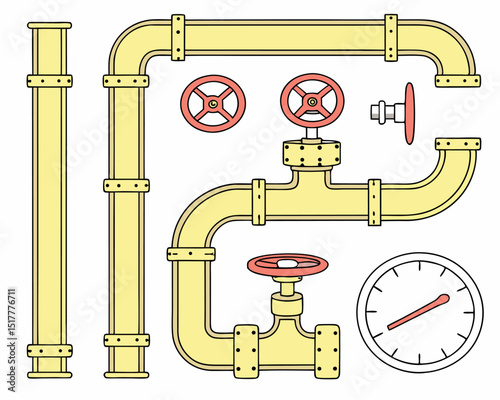 Isometric set featuring yellow gas pipe fittings, valves, and connectors for industrial plumbing or engineering design, isolated on a white background.