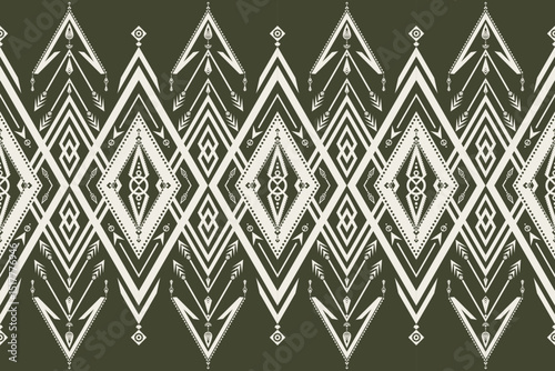 seamless tribal pattern in dark olive and ivory tones. Geometric ethnic design perfect for fashion prints, textile, wrapping paper, and boho-style home decor