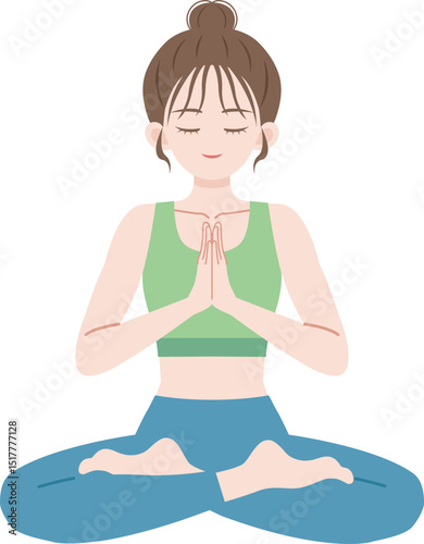yoga meditation girl in namaste pose wearing green clothes