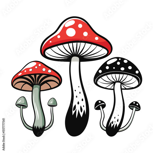 Colorful and Monochrome Mushroom Illustration with Bold Outlines on a White Background