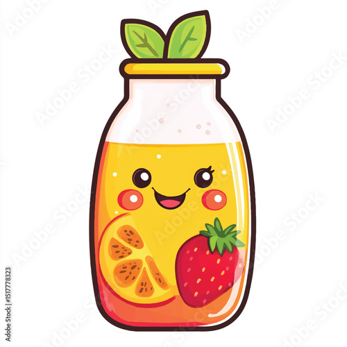 a cute juice bottle with smiling fruit mascot