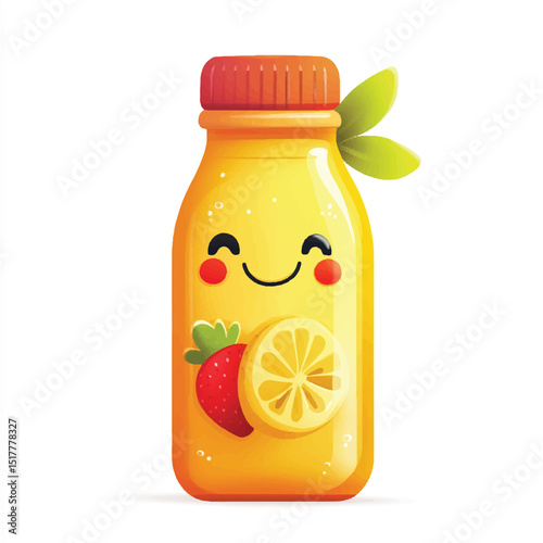 a cute juice bottle with smiling fruit mascot