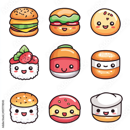 a cute kawai style food icons sushi burger donut for sticker
