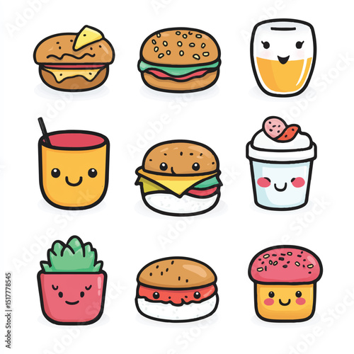 a cute kawai style food icons sushi burger donut for sticker