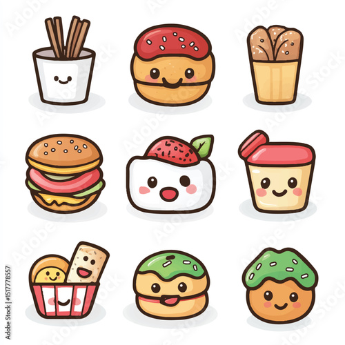 a cute kawai style food icons sushi burger donut for sticker