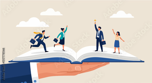 Flat vector illustration of a large hand holding an open book as a platform for four miniature professionals, running and celebrating. A symbolic scene of opportunity, support, and career growth