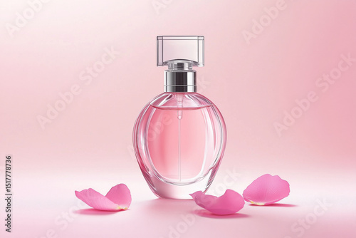 Bottle of rose perfume on pink background surrounded by petals, perfume with floral scent