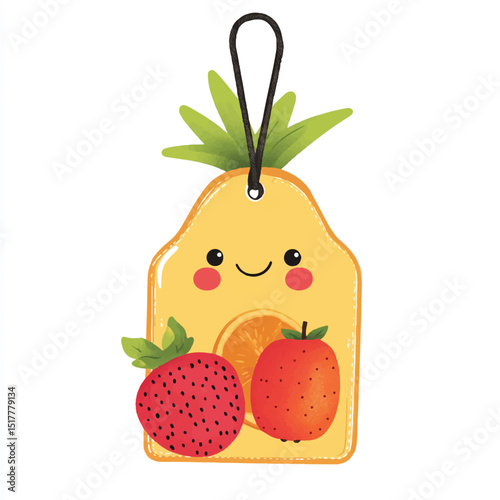 cute label tag with fruit mascot bold font