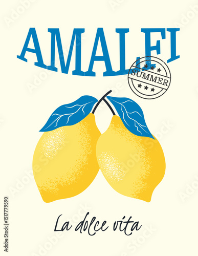 Amalfi. Summer vertical poster. Mediterranean, La dolce vita concept. Vertical poster with lemon and leaves. Vector background