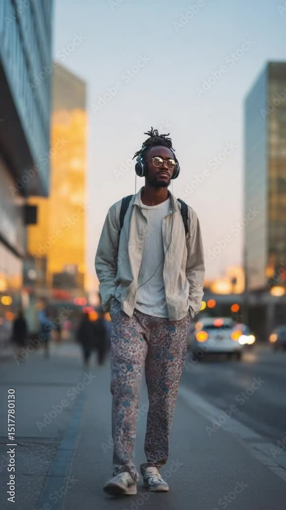 Young black man walking casually with headphones in urban setting at sunset Young black man walking casually with headphones in urban setting at sunset