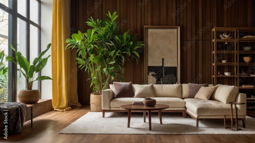 Fototapeta premium Modern living room with large windows, wooden accents, and lush greenery