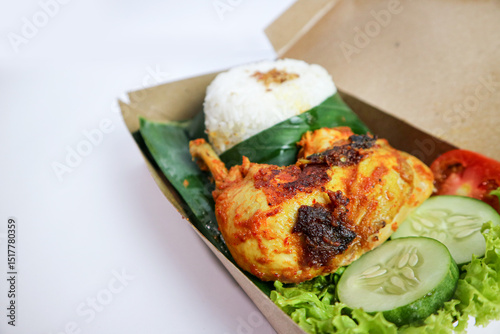 catering menu, grilled chicken, white rice with chili sauce and cucumber, green lettuce