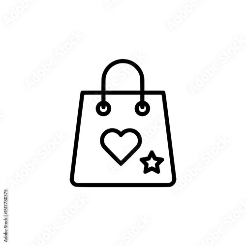 Shopping Bag Icon with Heart and Star: Black and White Retail Symbol for E-commerce and Online Shopping