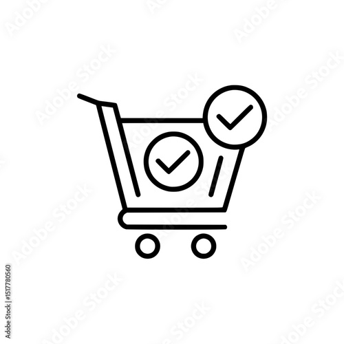 Shopping Cart with Check Mark Icon: Online Order Complete, Purchase Confirmation & Successful Delivery
