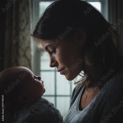 A mother tenderly gazing at her baby, showcasing the bond of motherhood and the preciousness of infancy. The scene evokes a feeling of serenity and boundless love