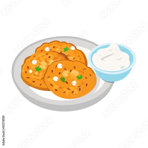 Vector illustration of crispy hash browns with sour cream on a white background